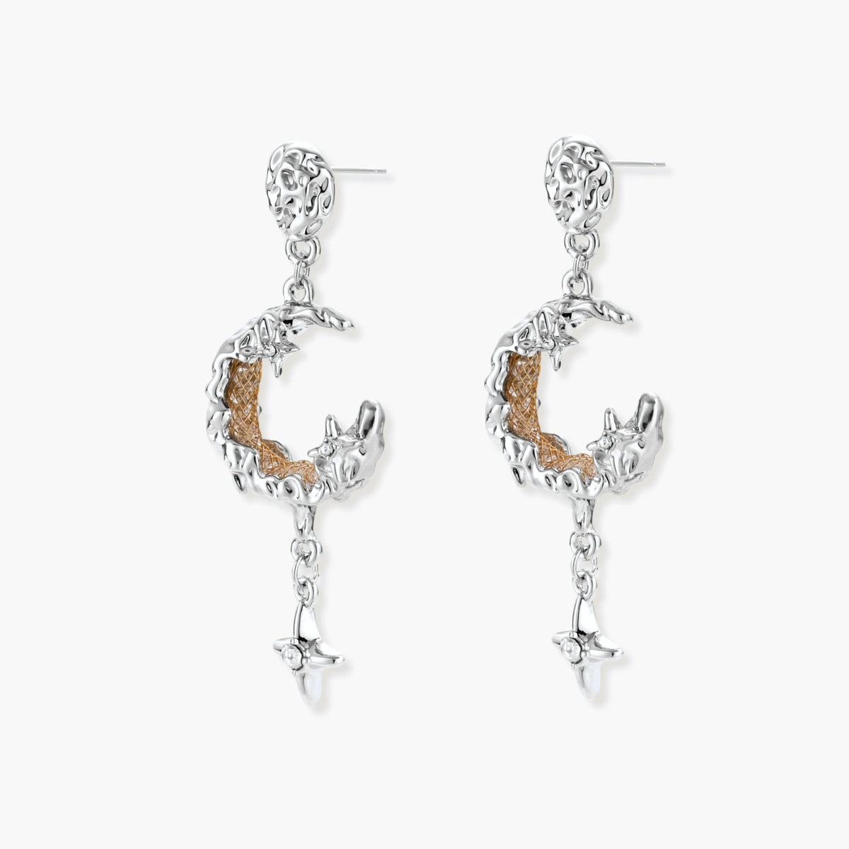 Detailed eco-brass dangle earrings featuring crescent moons with gold rope details and dangling star charms on white background.