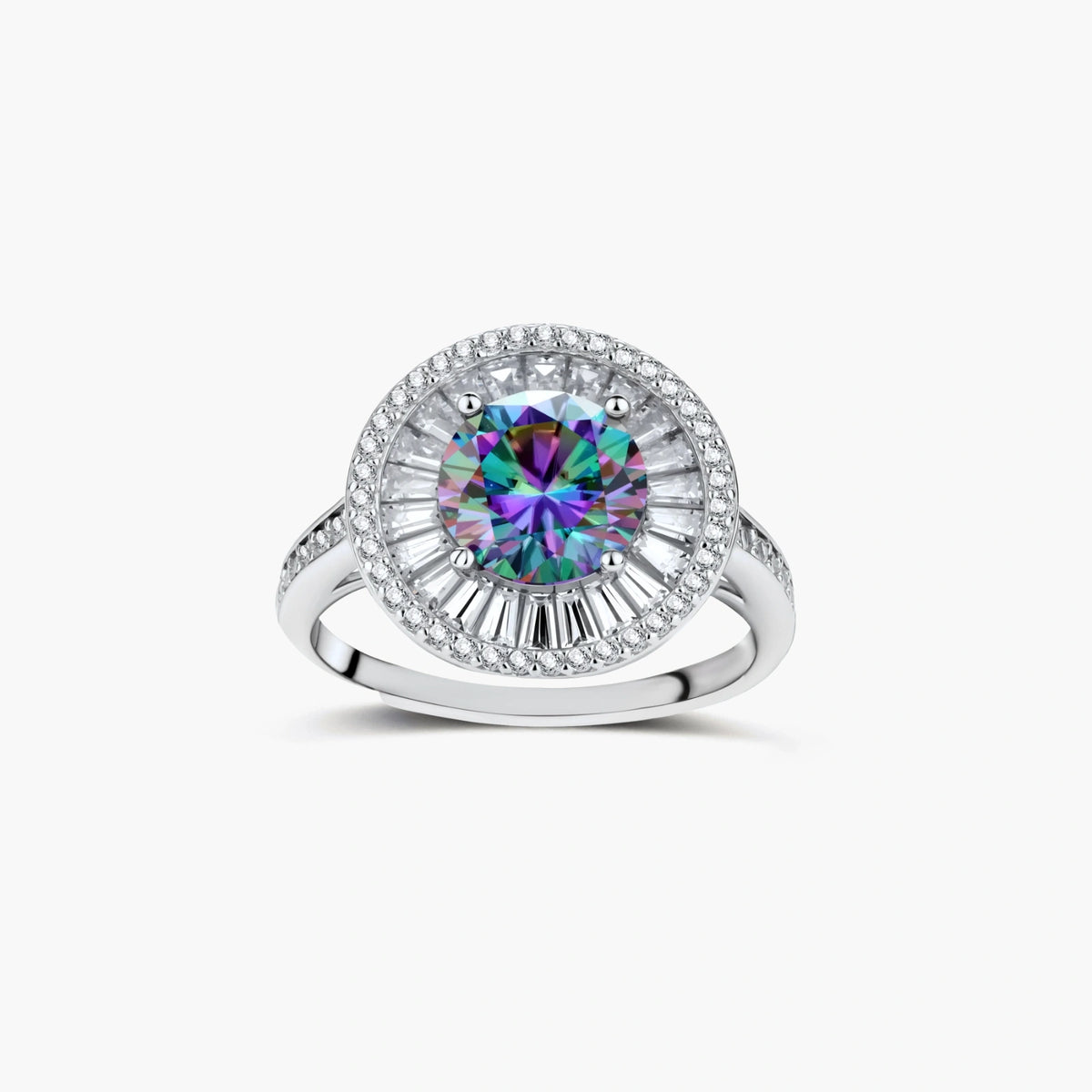 Close-up of sterling silver halo ring with round rainbow moissanite center stone surrounded by baguette-cut stones