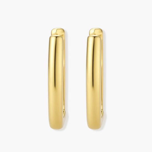 Polished gold-plated sterling silver hoop earrings with hinged closure mechanism on white background.