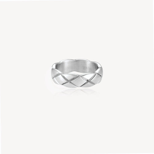 Braided stainless steel band ring with geometric interwoven strands in brushed silver finish on white background