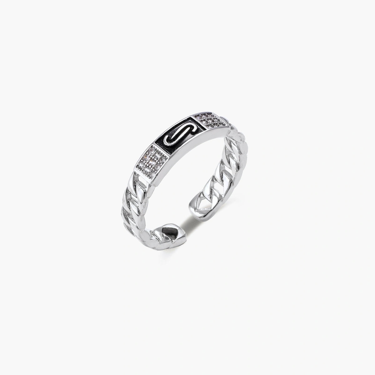 Two adjustable white gold plated rings with chain-link bands, featuring cubic zirconia halo and enamel details