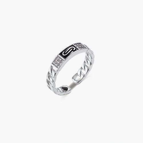 Two adjustable white gold plated rings with chain-link bands, featuring cubic zirconia halo and enamel details
