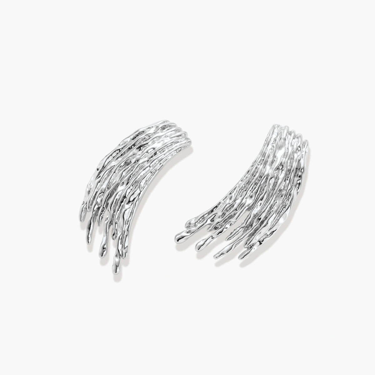 Silver-toned earrings with flowing liquid-like strands cascading downward, made from eco-zinc alloy with S925 posts