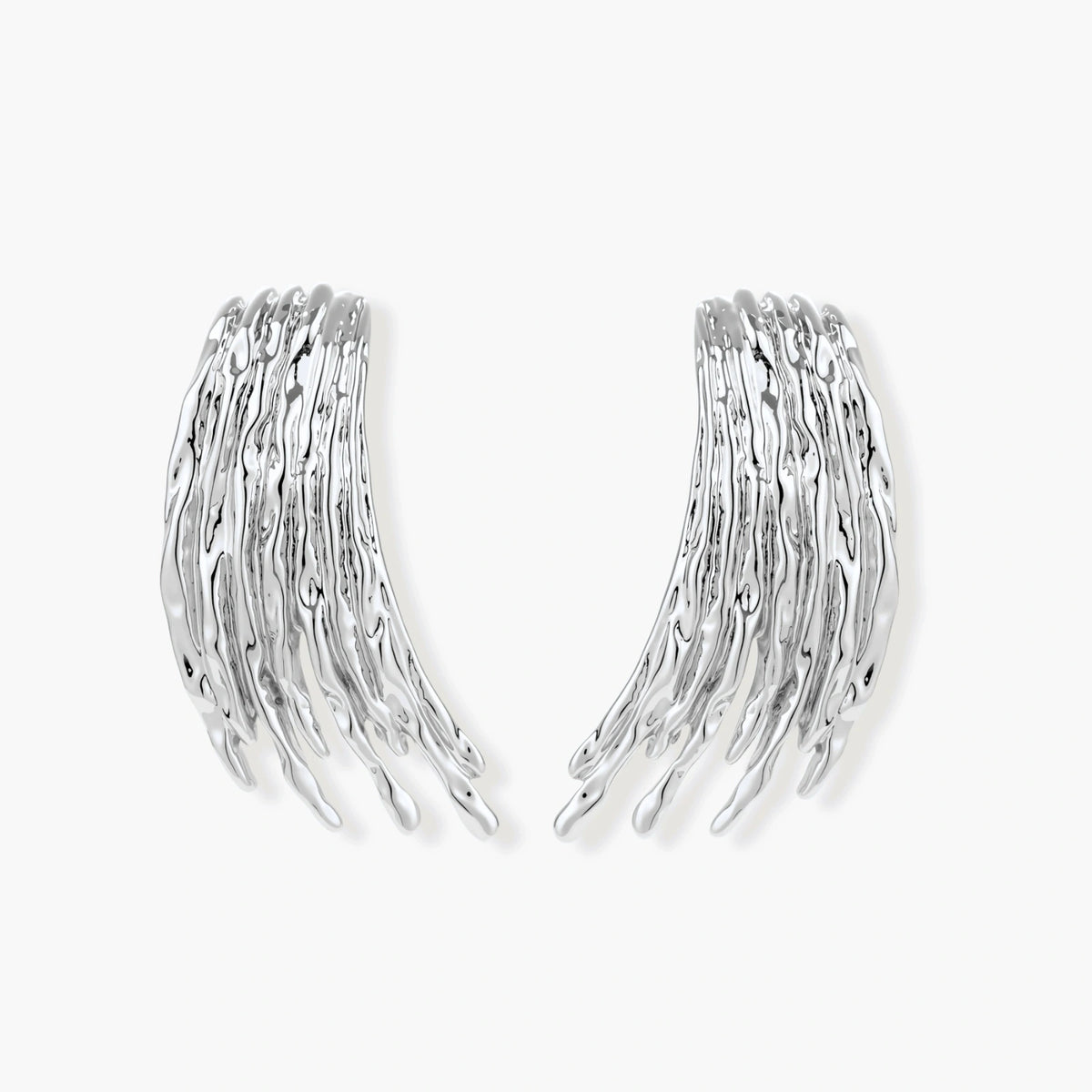Silver-toned earrings with flowing liquid-like strands cascading downward, made from eco-zinc alloy with S925 posts
