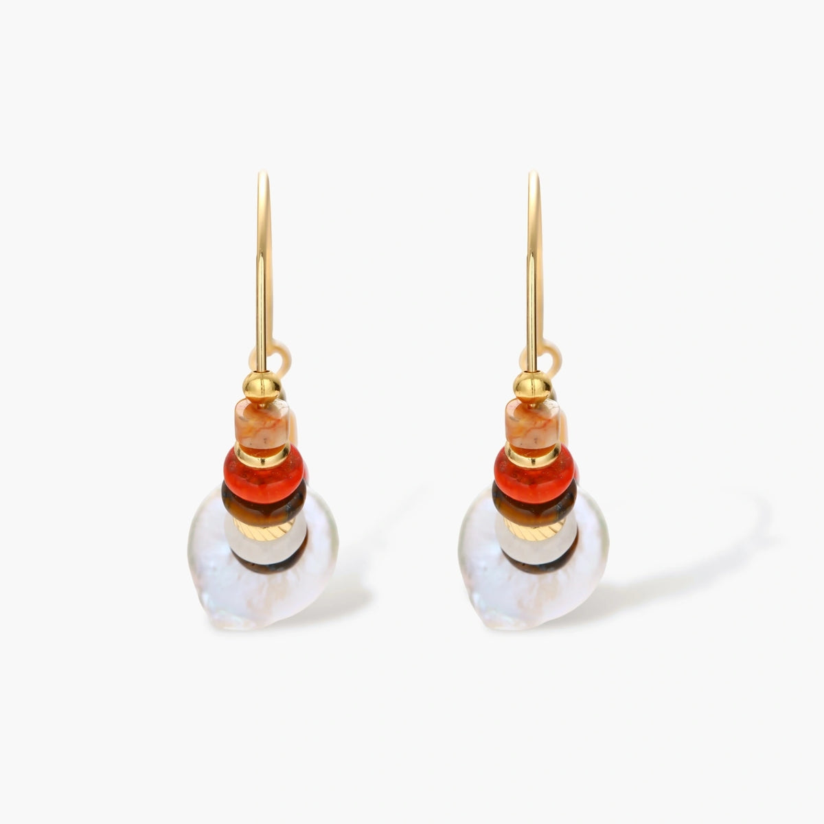18k gold-plated earrings featuring baroque pearls and colorful natural stones in a stacked design on cream background.