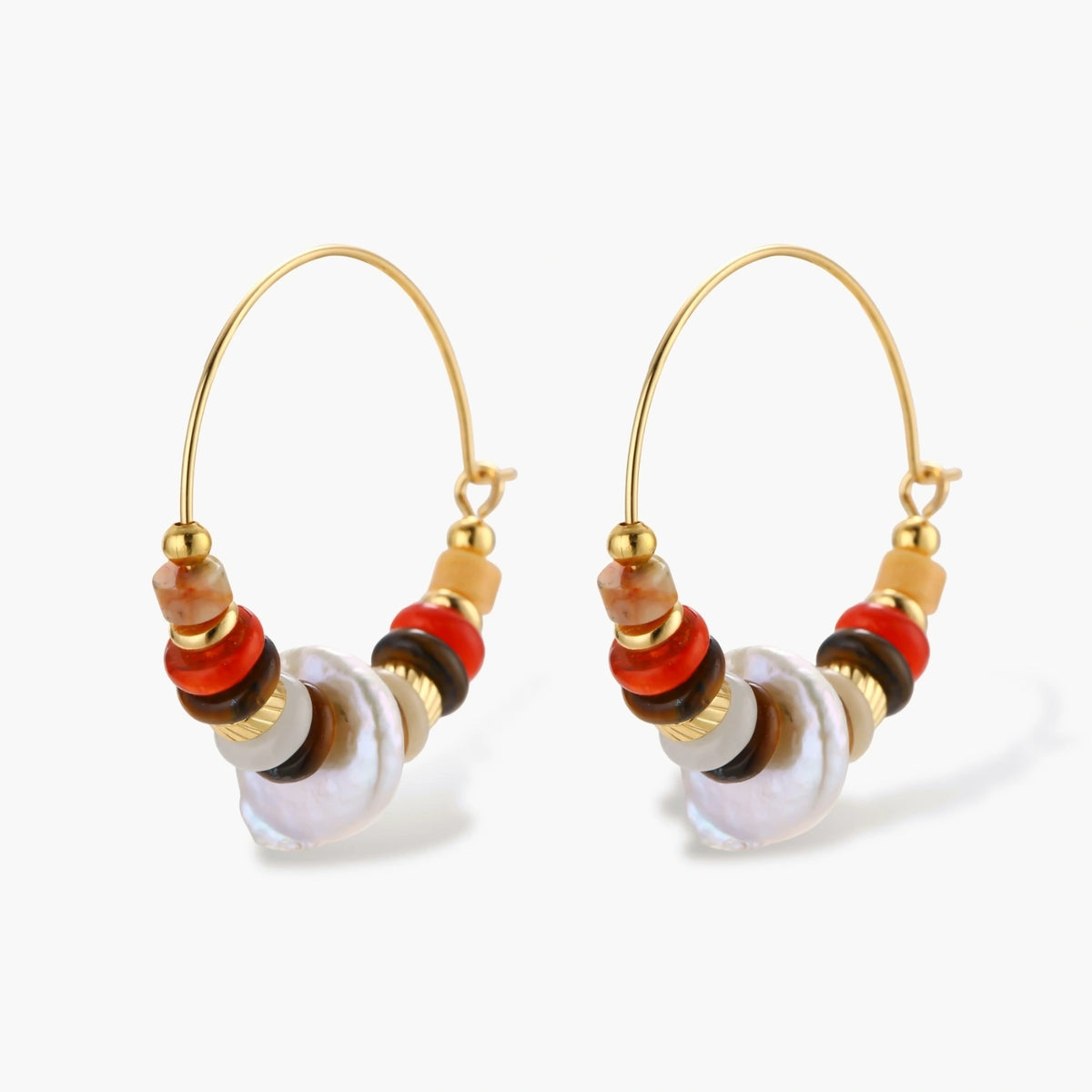 18k gold-plated earrings featuring baroque pearls and colorful natural stones in a stacked design on cream background.